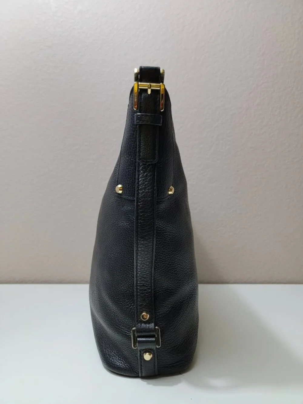 Michael Kors Bedford Large Black Pebbled Leather Hobo Shoulder Bag Gold Hardware